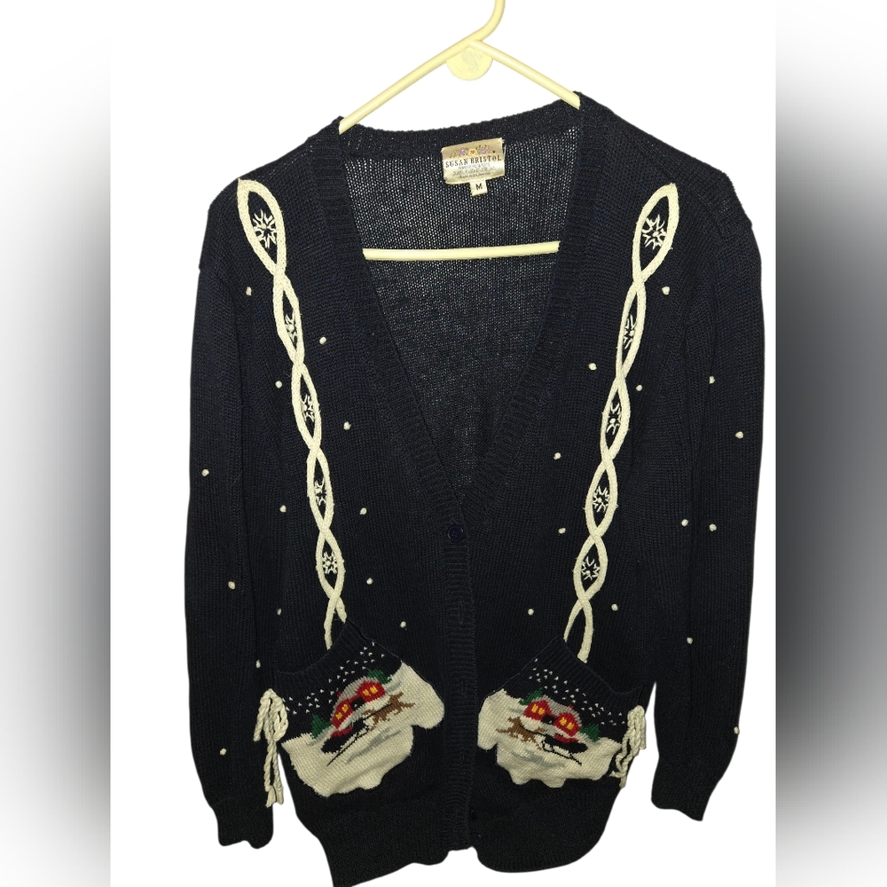Susan Bristol Hand Embroidered Ugly Christmas Cardigan 1992 Vintage Size M